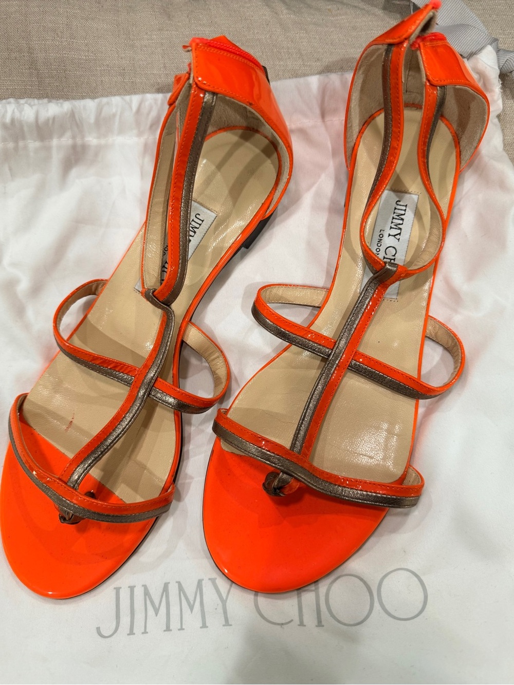 Jimmy Choo Orange Patent Leather T-Strap Heels